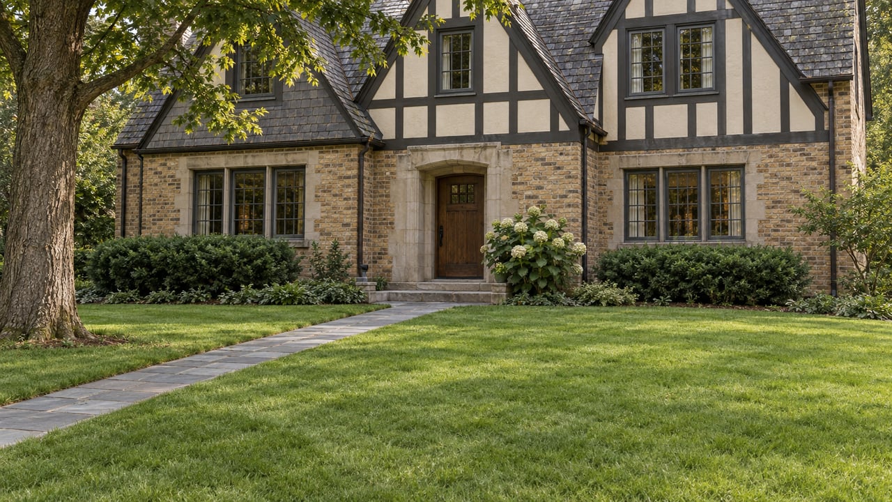 Detached Tudor house with slate gables and buff brick beyond a broad lawn and narrow stone path.