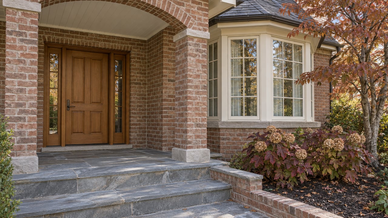 Brick home entry with an oak door, ivory-framed bay windows, weathered bluestone steps and autumn flowering dogwood foliage.
