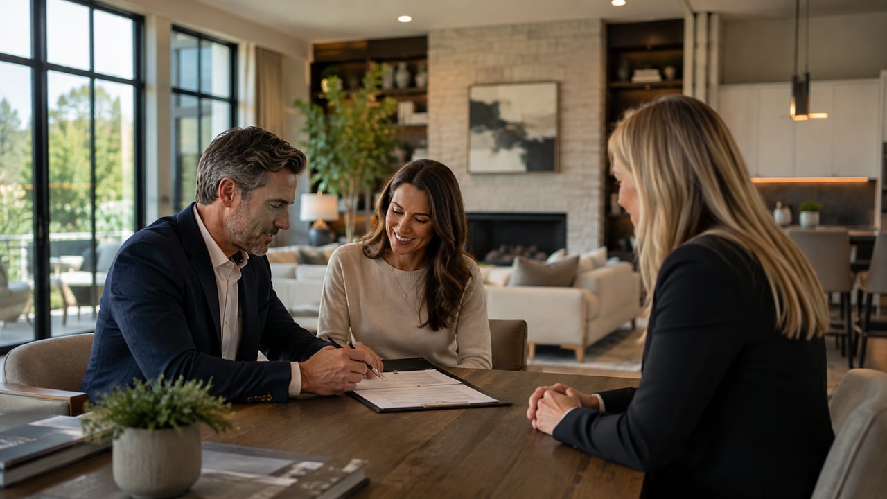 Luxury homebuyers reviewing and signing an offer with a real estate professional, illustrating strategies for creating a strong competitive offer on a high-end property.