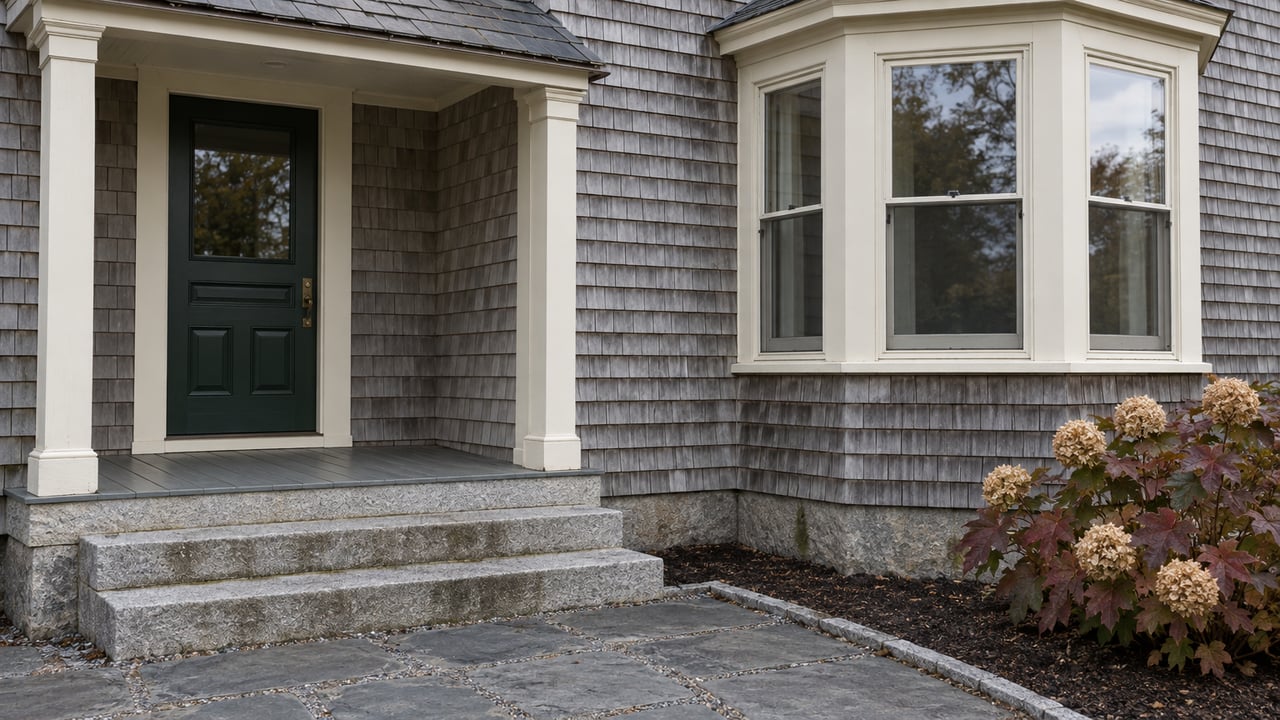 Silver-gray shingled home with a green entry door, tall bay window, worn granite steps and autumn oakleaf hydrangea.