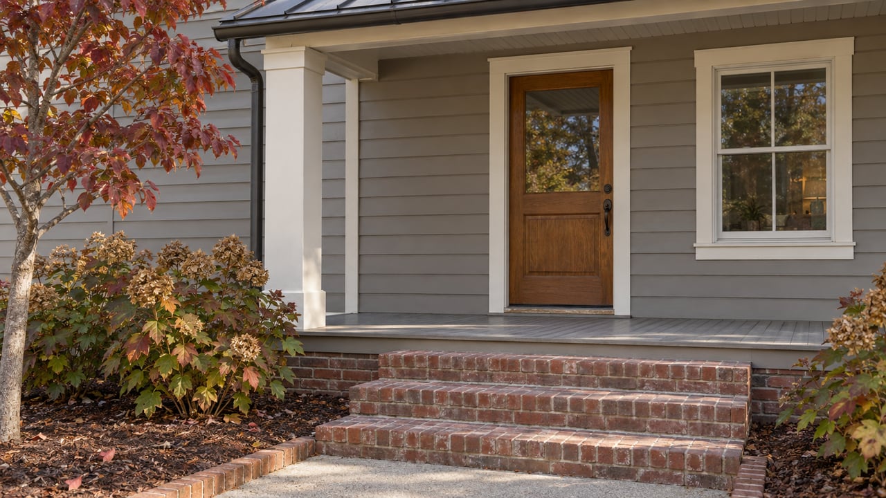 Renovated gray clapboard home with an oak entry door, covered porch, brick steps, and autumn dogwood and oakleaf hydrangeas.