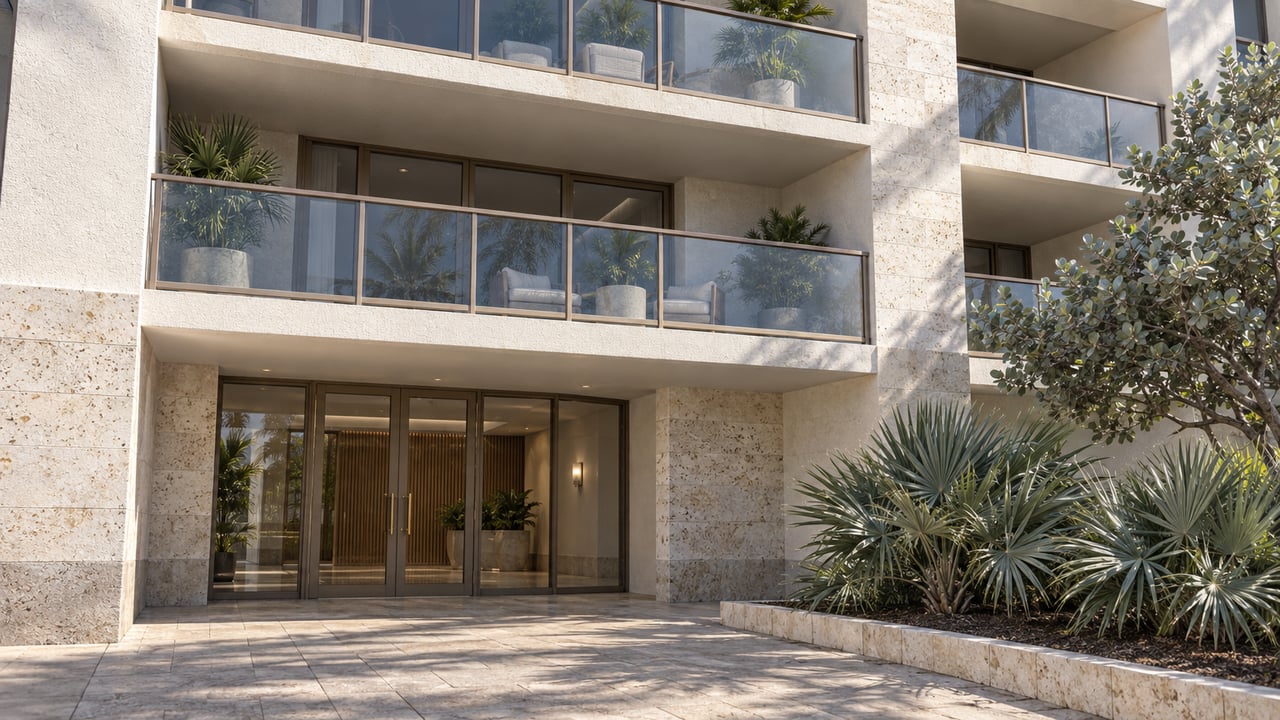 Three-story condo entrance with bronze-framed glass doors, stacked balconies, and a raised bed of silver palms.