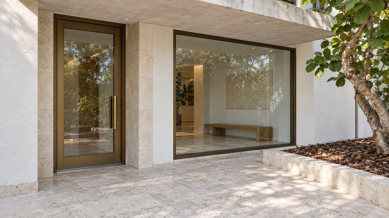 Sunlit condominium entrance with white stucco, pale limestone paving, bronze-framed glass and a sculptural sea grape tree.