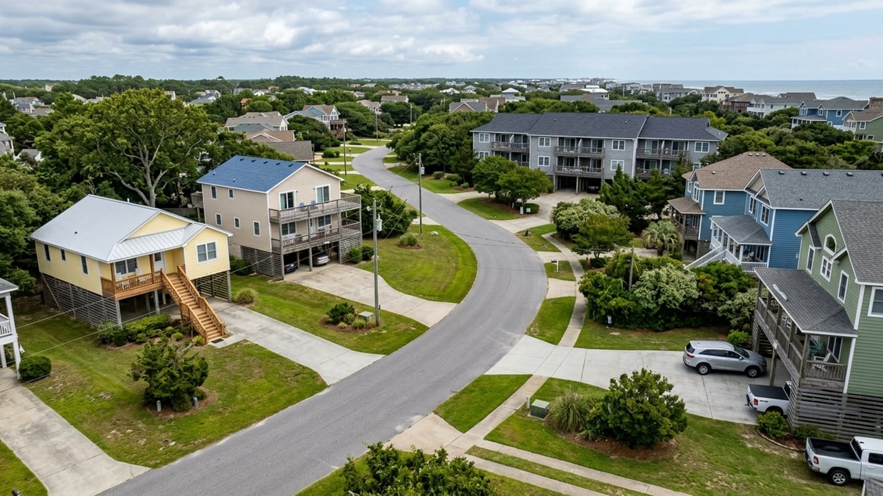 Aerial view of coastal homes along a curving neighborhood street, with the ocean in the distance.