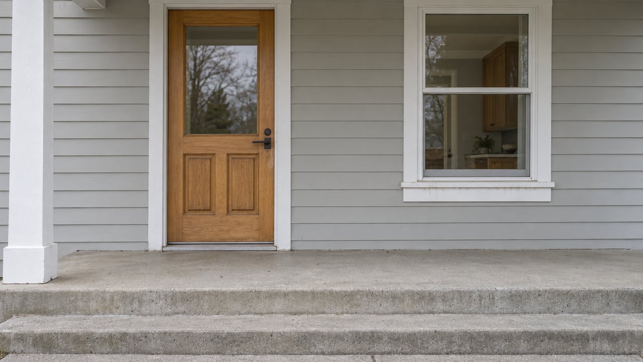 Close view of a covered home entrance with pale gray lap siding, a honey-toned wood door, white-trimmed window, and worn concrete steps.