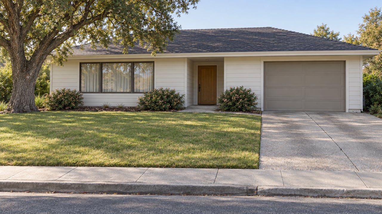 Updated single-story home with off-white siding, a deep front lawn, concrete driveway and mature oak in clear morning light.
