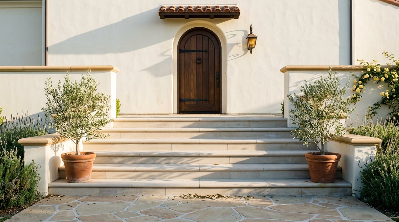 Pale limestone entry stairs lead to a walnut door, flanked by potted olive trees and cream stucco walls.