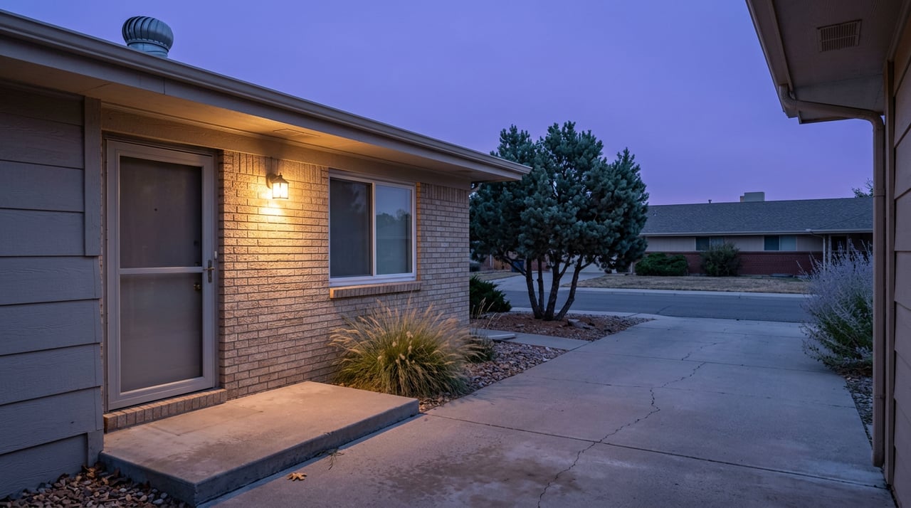 Brick entry with glowing sconce and storm door, framed by desert plants at blue hour.