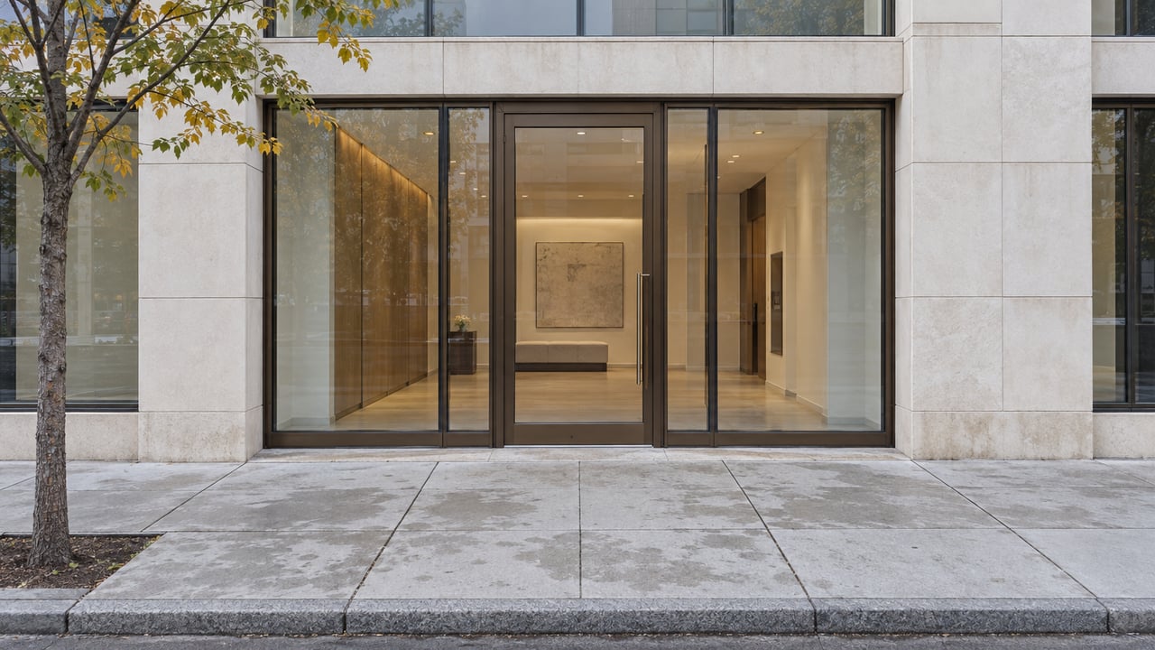 Condominium entrance with a closed glass door, bronze-framed sidelights, limestone facade, and sidewalk tree.