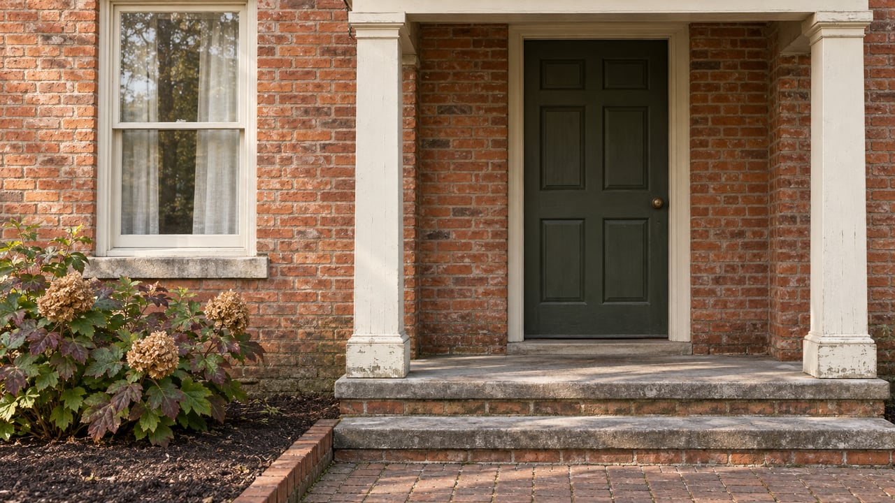 Weathered red-brick house entry with an olive wood door, ivory porch posts, stone steps, and an oakleaf hydrangea.