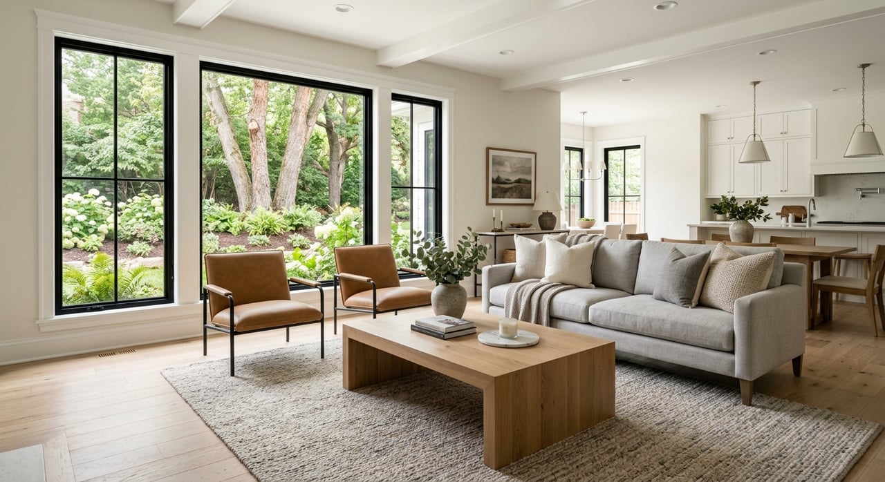 Living room with a gray linen sofa, tan leather chairs, oak coffee table, and trees visible through large windows.