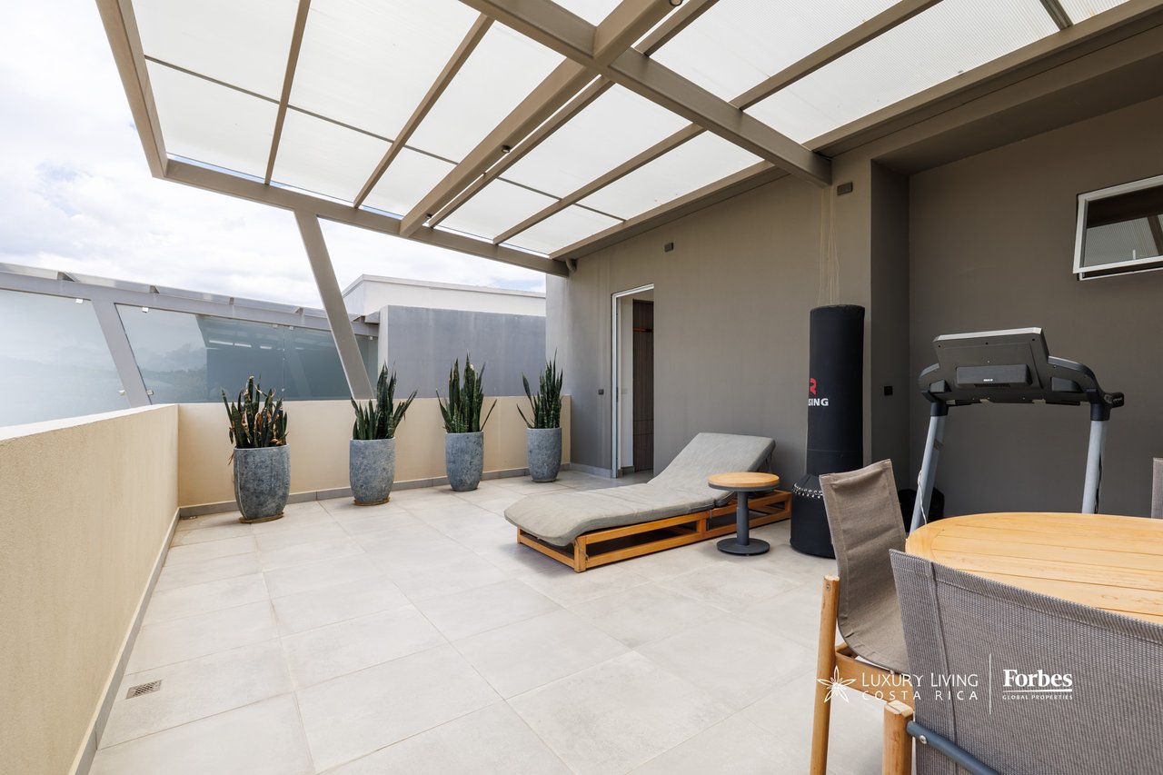 Rooftop terrace with a covered pergola, potted plants, lounge chair, dining set, and exercise equipment.