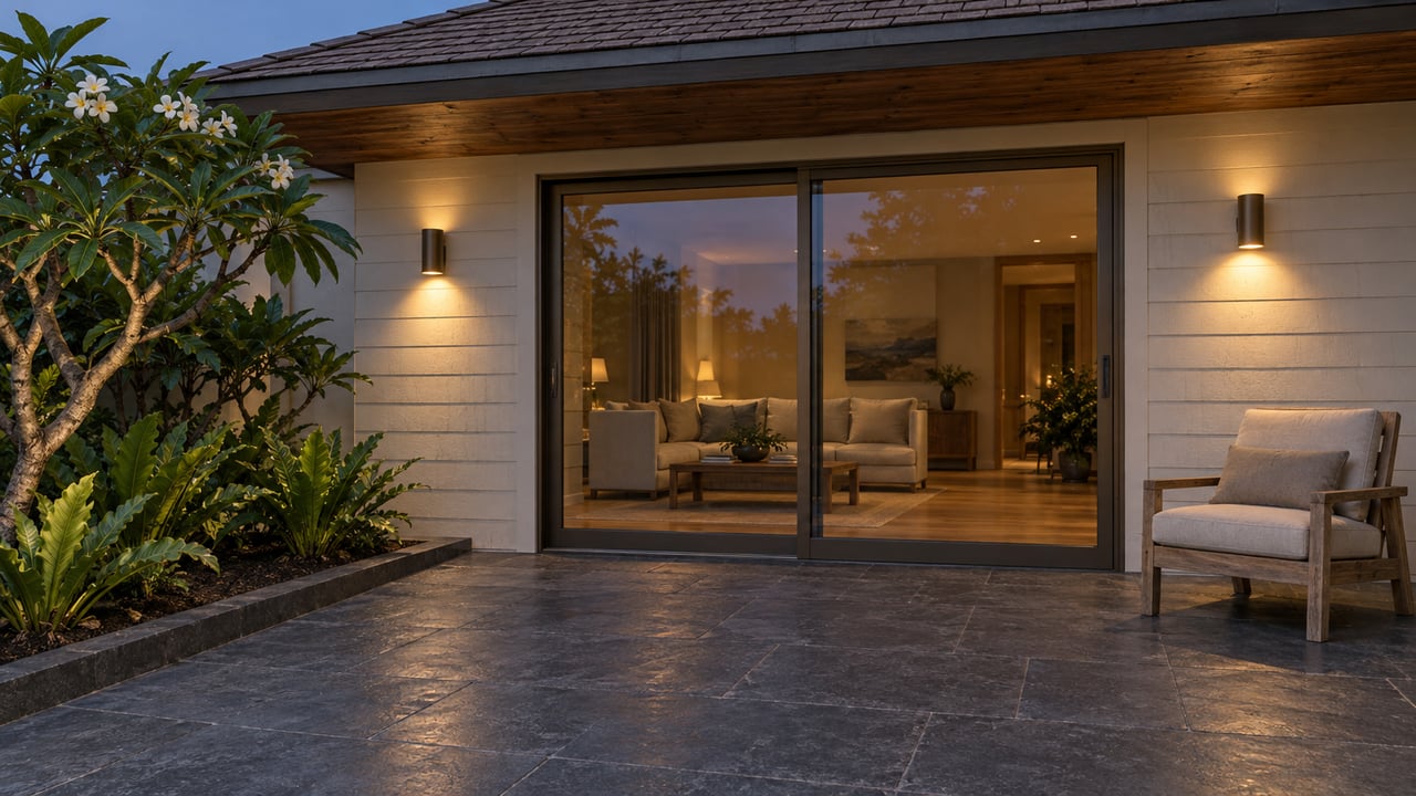 A sheltered lanai at dusk with cream siding, bronze-framed glass doors, a teak chair and charcoal stone paving beside a planted garden.
