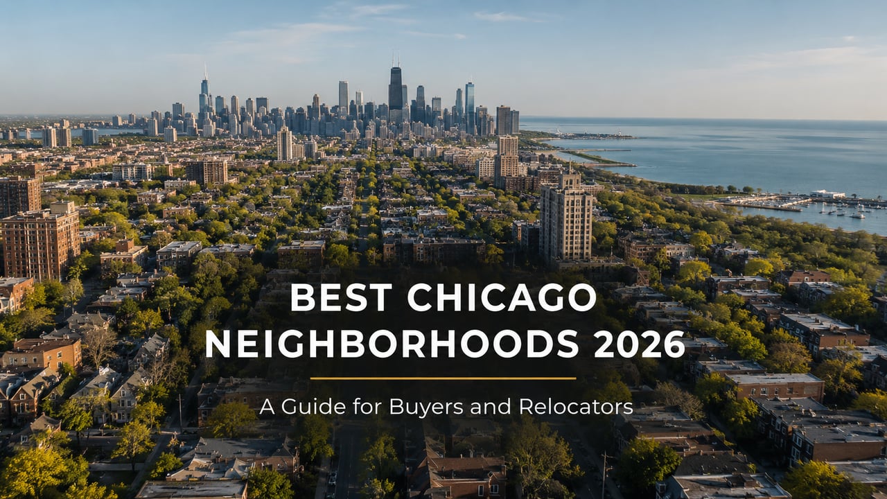 Aerial view of Chicago North Side neighborhoods with Lake Michigan in background on a clear day