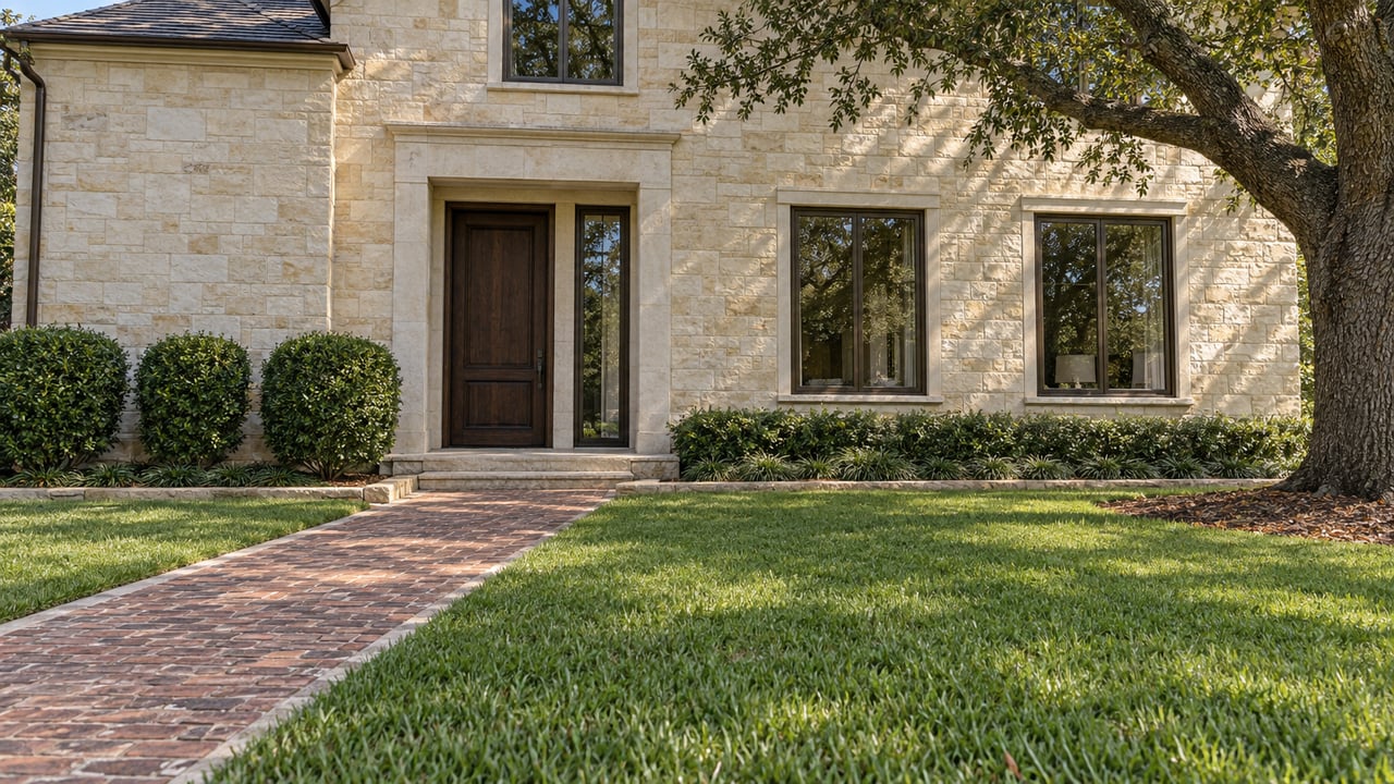 Pale limestone house with a deep lawn, brick approach, recessed oak door, and mature oak tree.