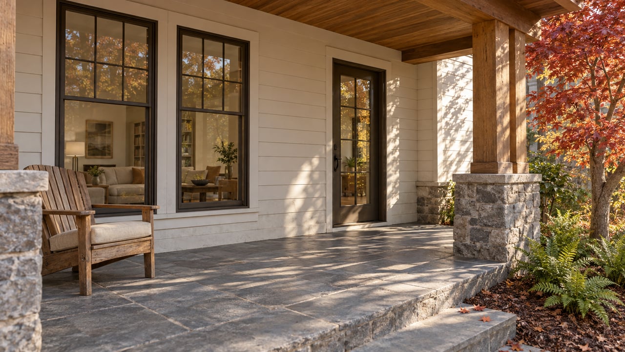 Morning light crosses a stone-floored covered porch with timber posts, pale siding, a wooden chair, and red maple leaves.