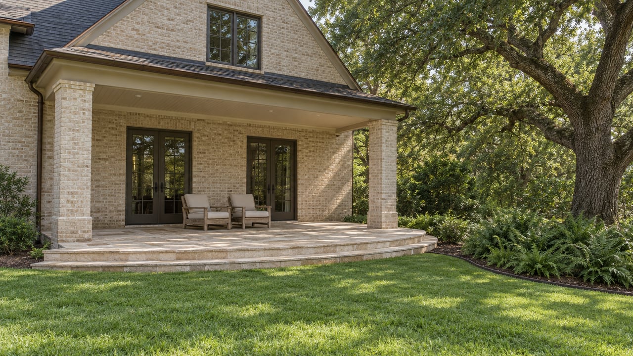 Pale brick home with a dark gabled roof and covered limestone terrace facing a broad lawn beneath a mature oak.