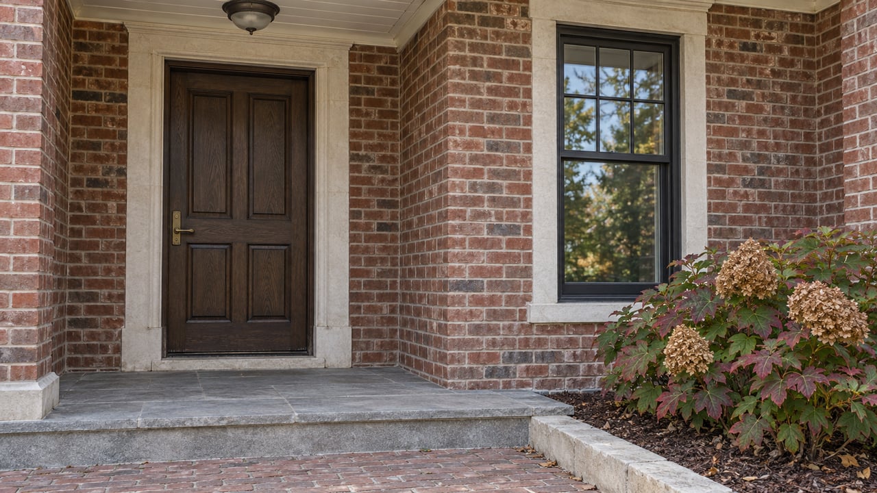 Brick home entrance with a dark paneled door, stone steps, and autumn foliage beside the window.