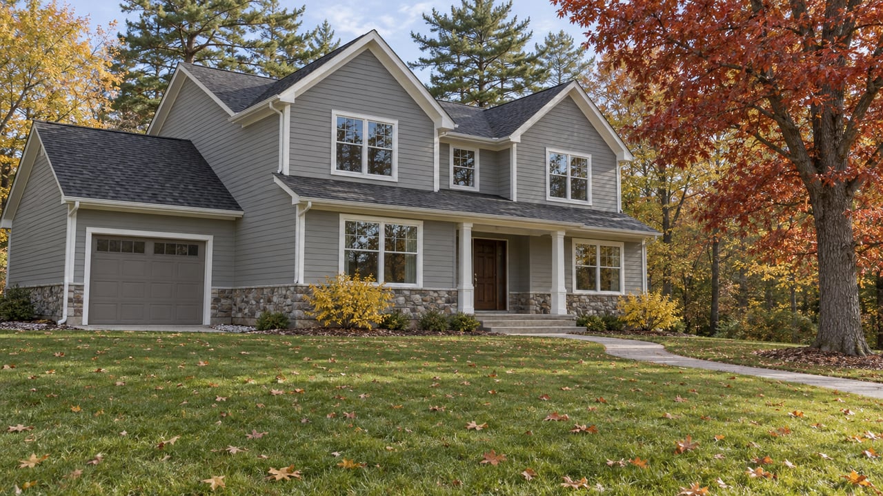 A gray two-story home with pitched roofs and a recessed porch sits behind a deep autumn lawn, framed by red oak and white pine trees.
