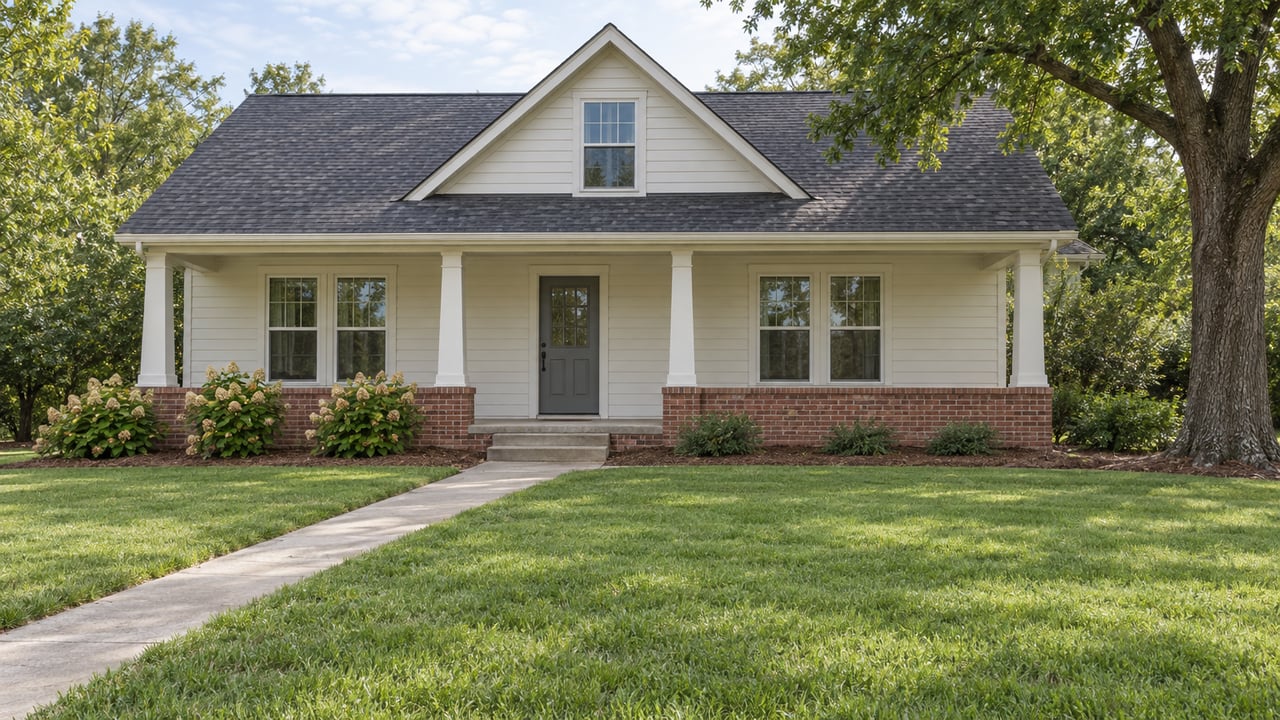Light-sided gabled home with a covered porch, deep green front lawn, concrete entry walk, oak tree and oakleaf hydrangeas.