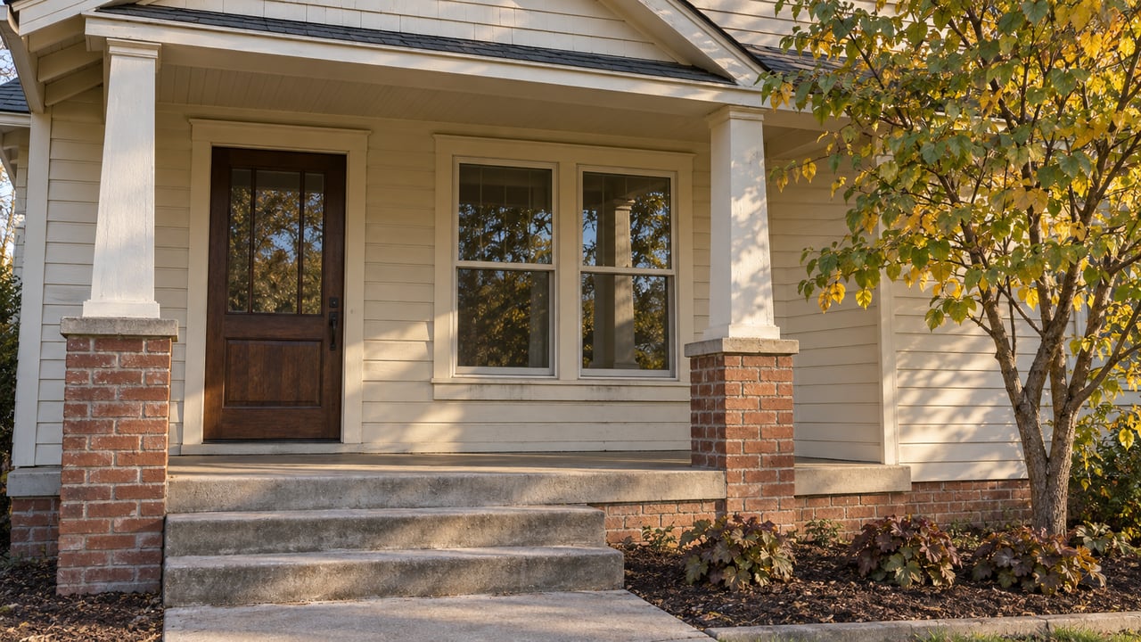 Cream-sided home with a brick-supported covered porch, glazed oak door, paired windows and a redbud beside the entry steps.