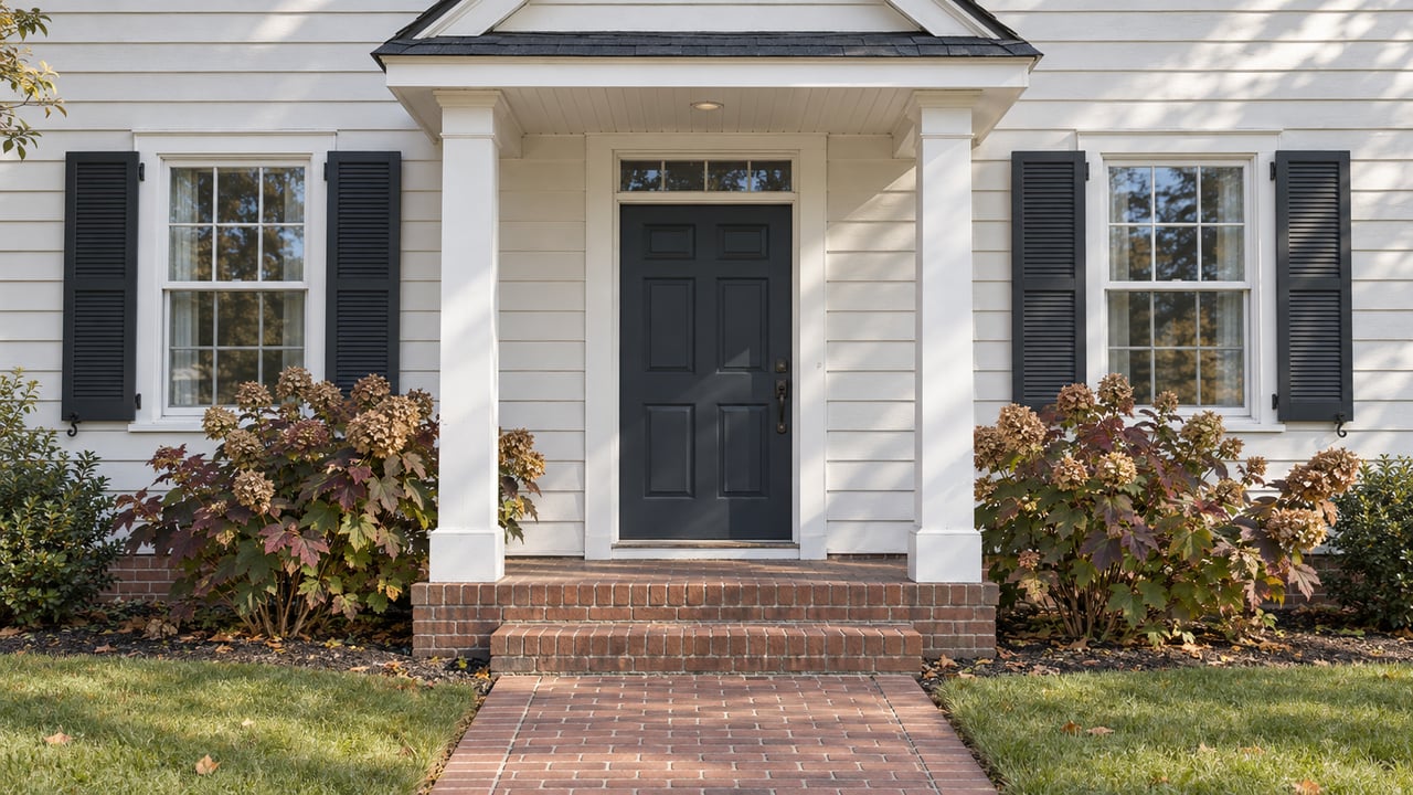 White clapboard home with a dark front door, a two-column portico, brick steps and autumn oakleaf hydrangeas.