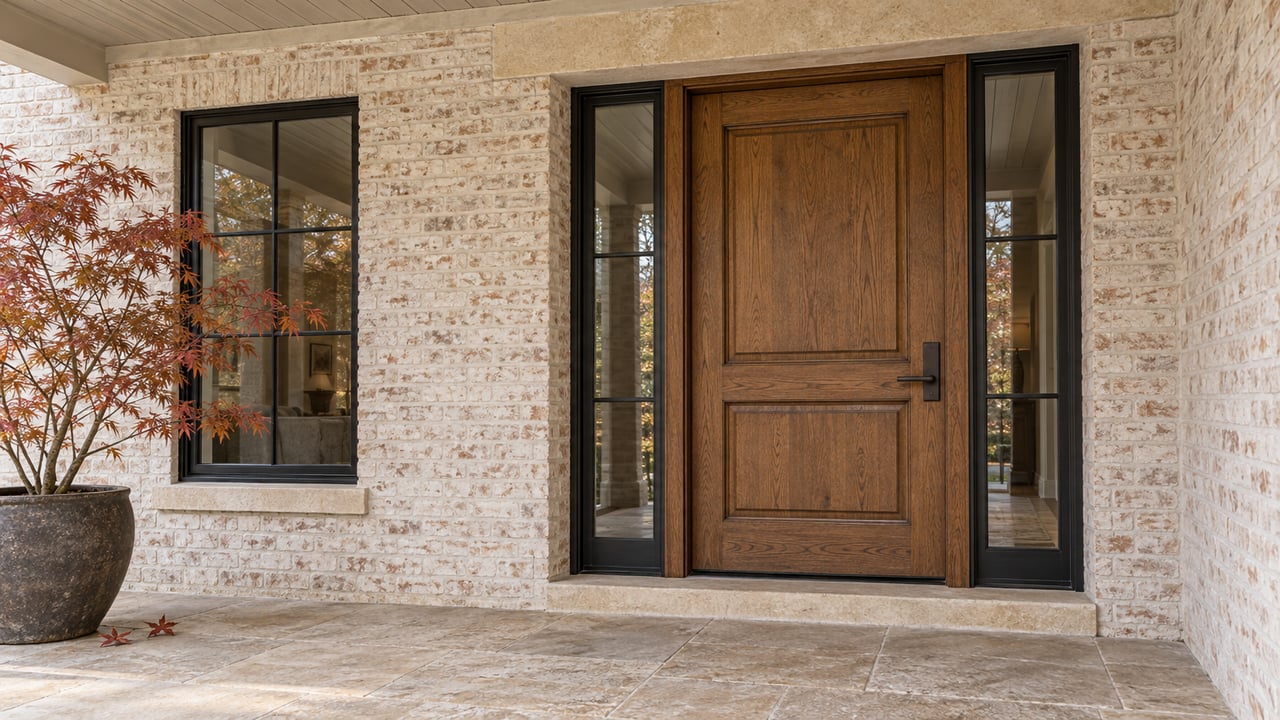 Covered entry with an oak door, matching glazed sidelights, limewashed brick, limestone paving, and a potted copper-leaved Japanese maple.