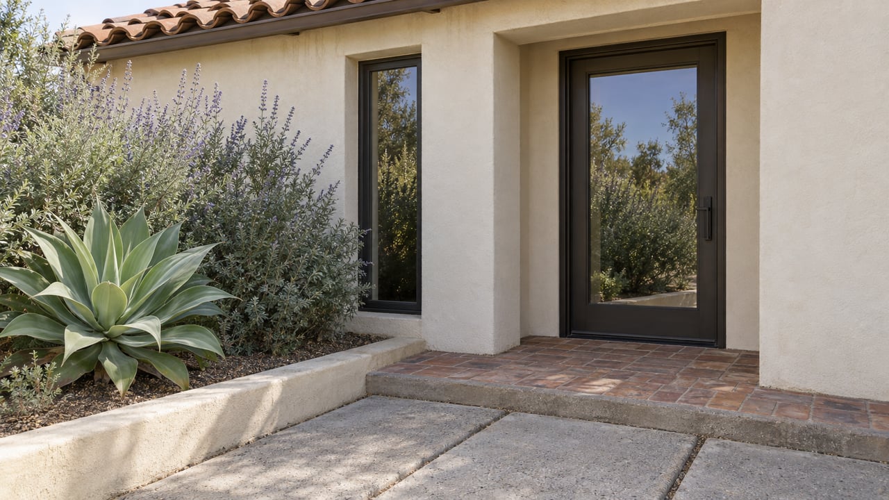 Cream stucco entry with a closed bronze-framed glass door, clay-paver landing, agave, and silver-green shrubs.