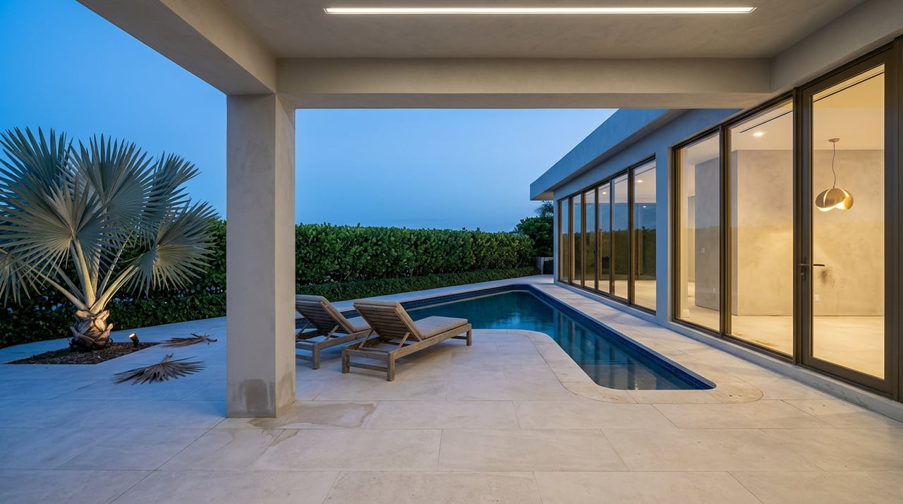 Private pool terrace with teak loungers, a silver-blue palm, and a glass lounge glowing at dusk.