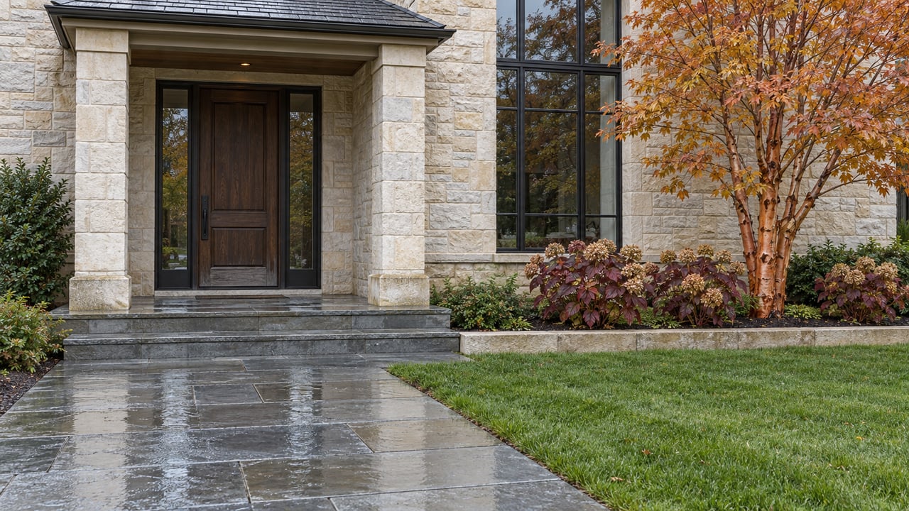 Rain-darkened bluestone approach to a limestone home with a sheltered oak entrance, black-framed window and amber paperbark maple.