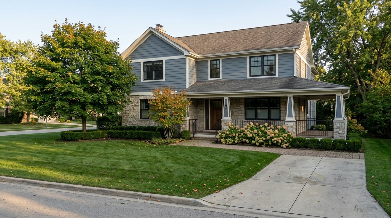 Two-story charcoal-blue house with stone lower facade, covered porch, brick walk, and broad autumn maple beside the lawn.