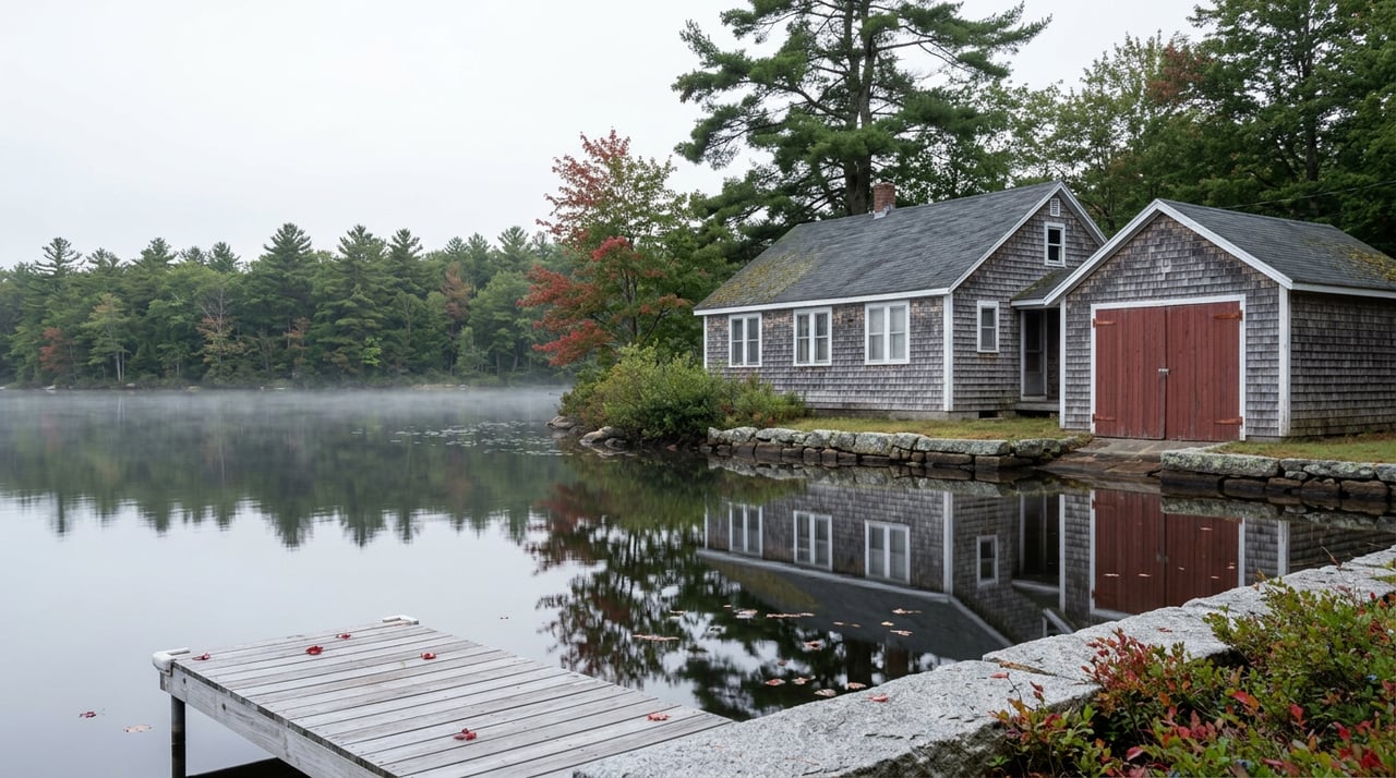 Weathered lakeside cottage and detached boathouse-garage beside a wooden dock, reflected in still water.