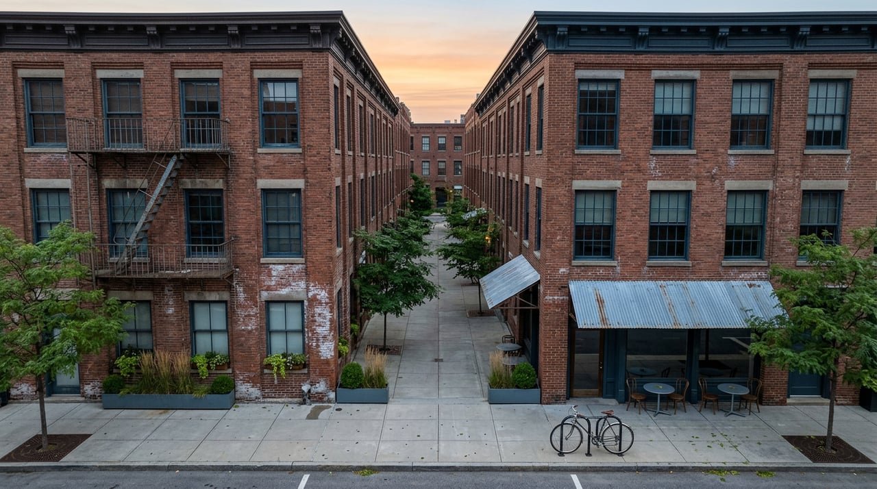 Raised view down a brick loft corridor, with fire escapes, café tables, a bicycle, and planters along the sidewalk.
