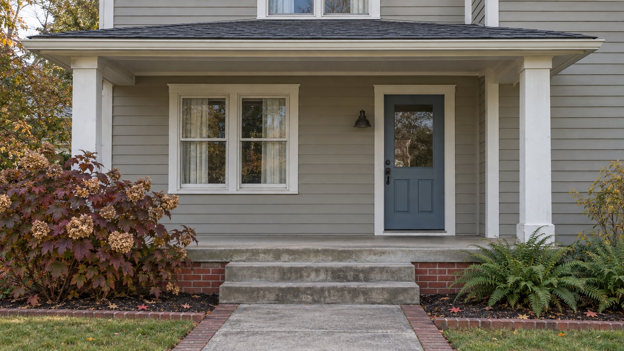 Autumn planting beside the concrete steps of a gray clapboard home with a covered porch and muted blue front door.