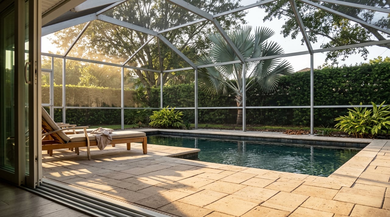 Pool lanai with two teak loungers, a silver-blue fan palm, and a hedge beyond the screened enclosure.