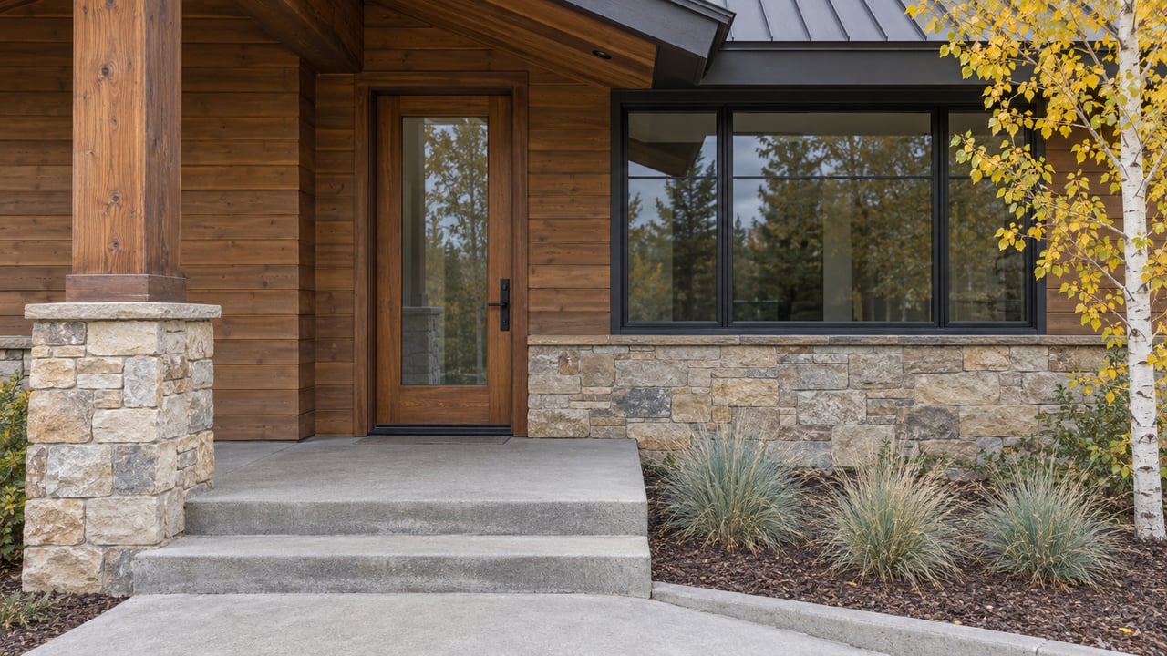 Covered home entry with weathered cedar siding, sandstone base, concrete steps and a yellow-leaved aspen.