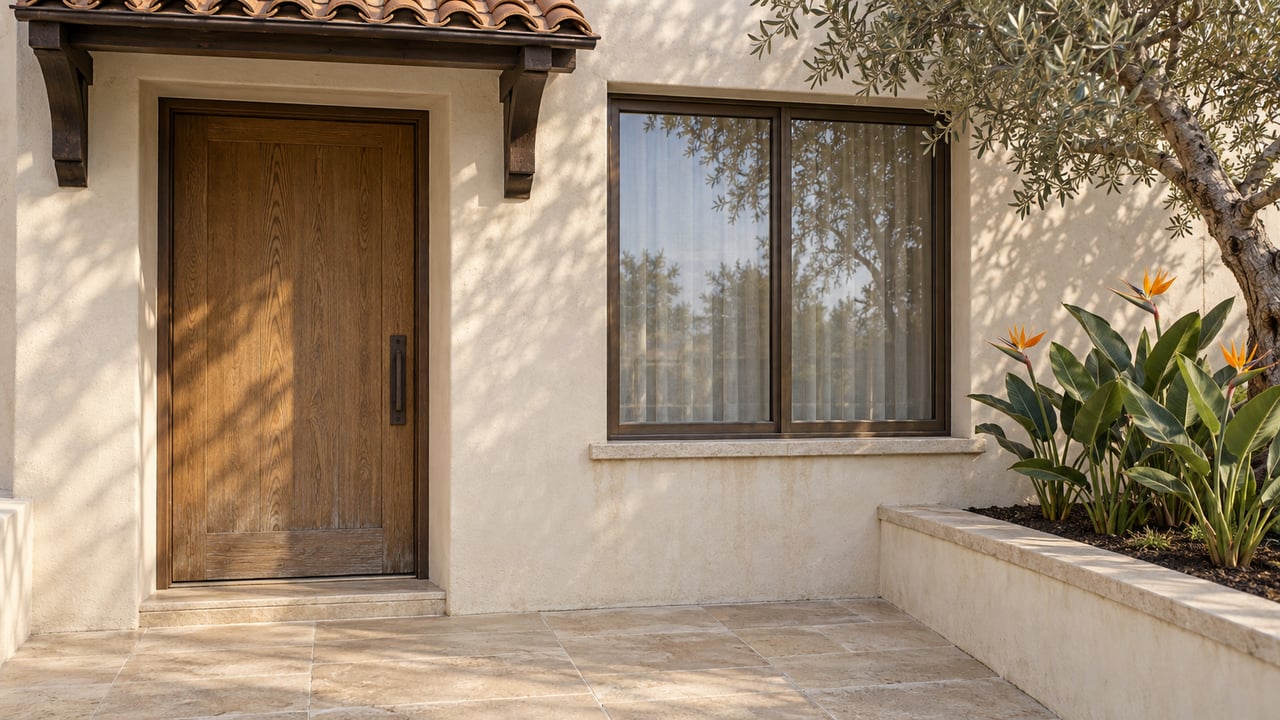 Ivory stucco home entry with a clay-tile canopy, oak door, bronze-framed window and olive tree beside a limestone terrace.