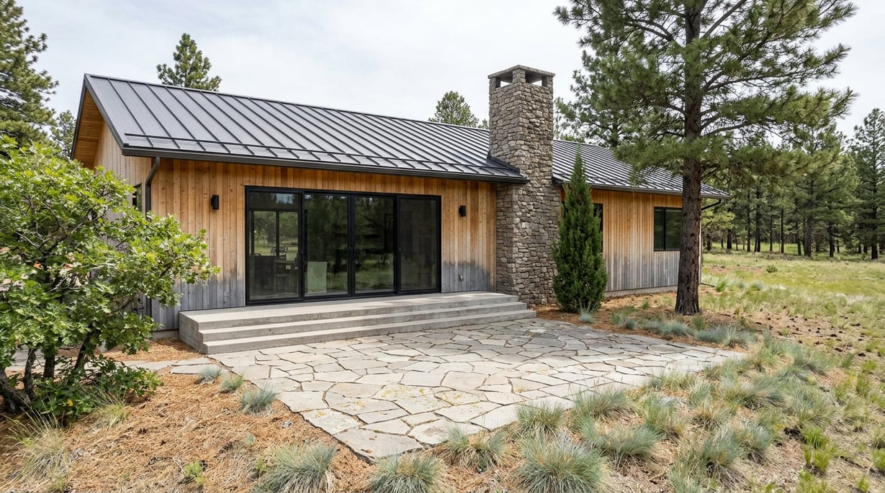 Mountain-modern home with cedar siding, stone chimney, flagstone terrace, and pine trees along the foothill landscape.