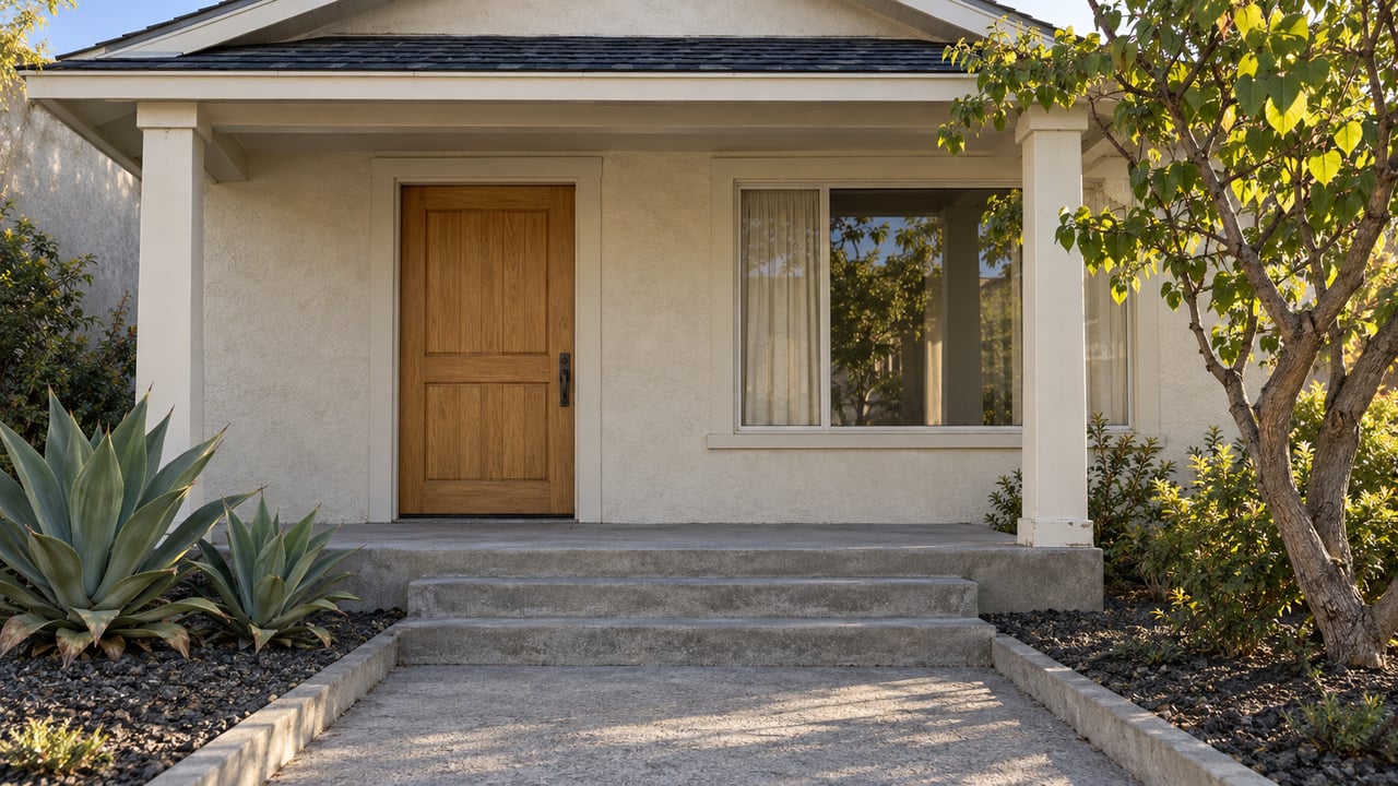 Ivory stucco home's covered porch with an oak door, worn concrete steps, a flowering-tree species with heart-shaped foliage and two sculptural agaves.