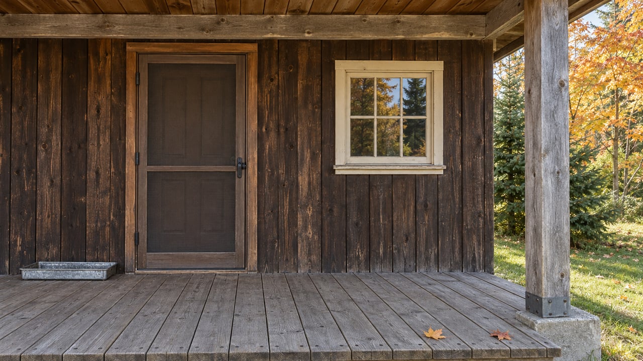 Weathered timber cabin porch with a closed screen door, small window, and autumn maple leaves beside a cedar post.