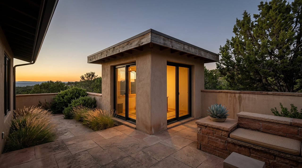 Stone terrace with a glowing black-framed glass door, potted agave, and juniper silhouetted against the blue-hour sky.