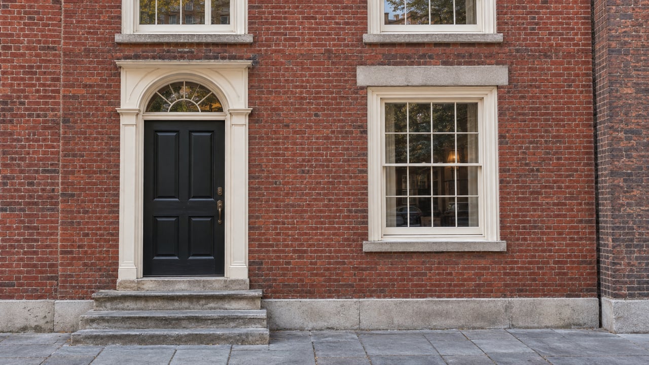 Red-brick townhouse with a dark entry door, divided-light windows, and worn stone steps.