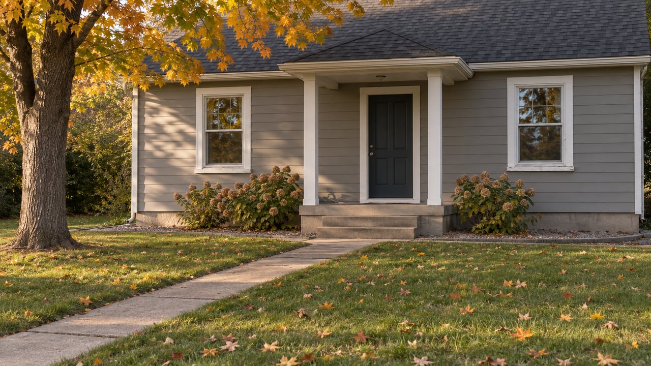Gray-sided house with a recessed porch, concrete walkway, and scattered autumn leaves beneath a maple tree.