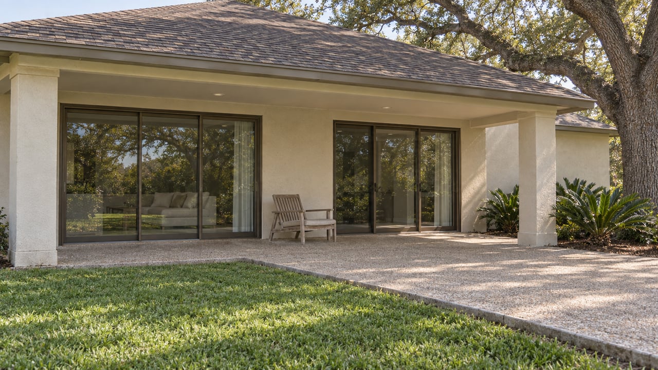 A low stucco home with a brown hip roof, bronze-framed glass doors and a shaded shell-aggregate terrace beside a live oak and lawn.