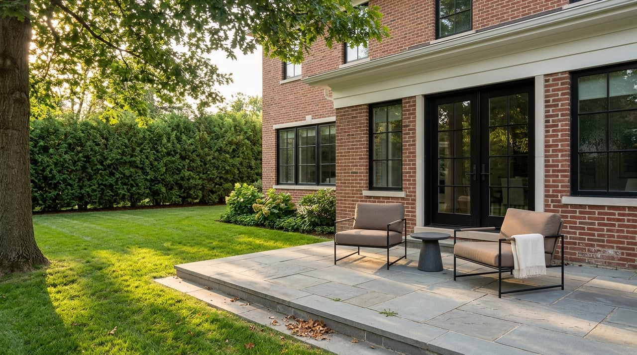 Rear terrace with bluestone paving, brick walls, French doors, a privacy hedge, and oak canopy.