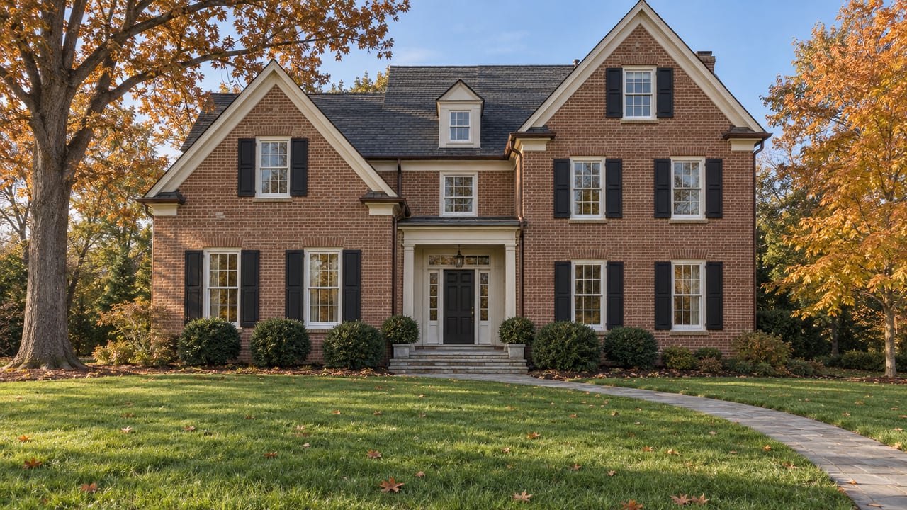 Traditional brick home with dark gabled roofs, a deep front lawn, stone entry steps and mature autumn trees.