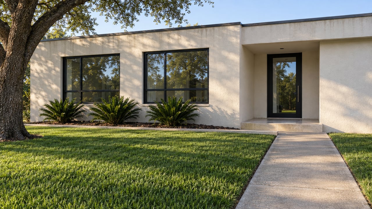 Contemporary white stucco home with black-framed windows, a recessed entrance and a deep lawn in morning sunlight.