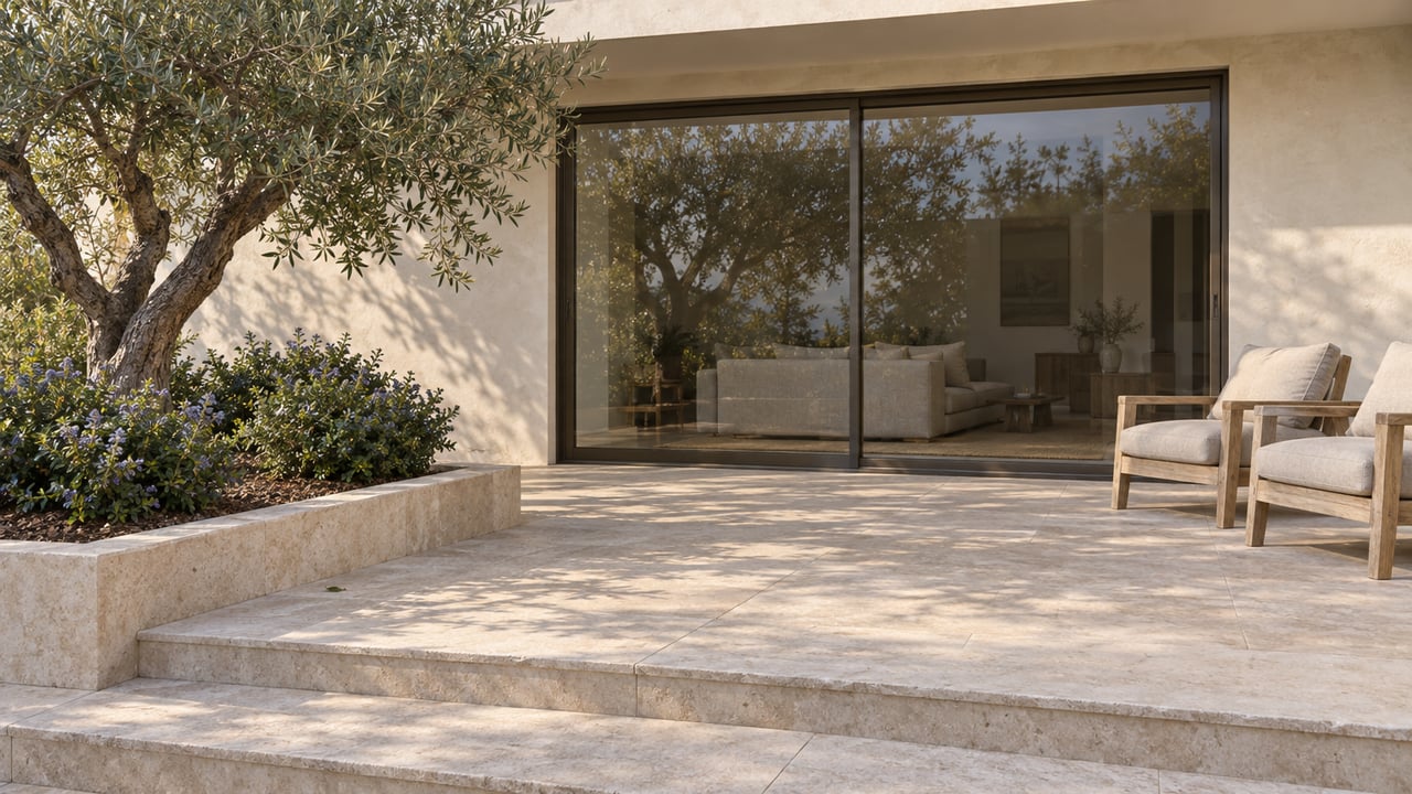 A pale stucco home opens visually onto a limestone terrace with two teak chairs and a mature olive tree in a raised stone planting bed.