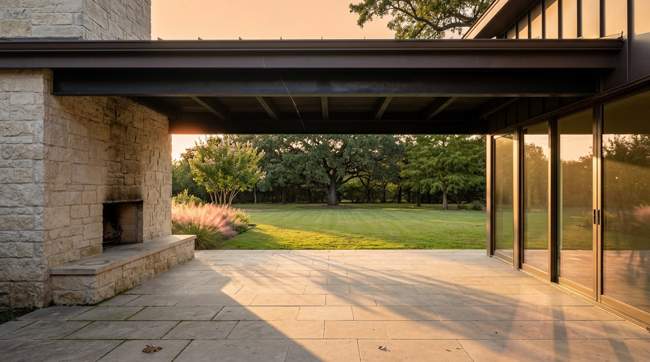 Stone patio, limestone fireplace, beam shadows across pavers, and lawn ending at a tree line.