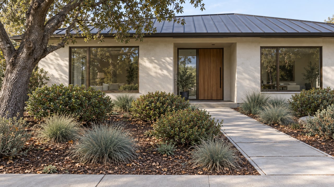 Updated single-story home with ivory stucco, cedar entry, bronze-framed windows and a deep garden of manzanita and fescue beneath a mature oak.